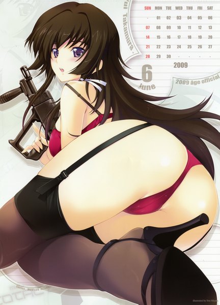 Anime picture 2824x3925 with muv-luv alternative takamura yui miyata sou single long hair tall image blush highres open mouth light erotic brown hair purple eyes looking back scan inscription underwear only calendar 2009 girl thighhighs underwear