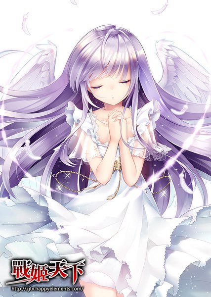 Anime-Bild 640x900 mit zhan ji tian xia mvv single long hair tall image fringe white background purple hair eyes closed sparkle copyright name floating hair angel wings praying girl dress wings white dress feather (feathers)