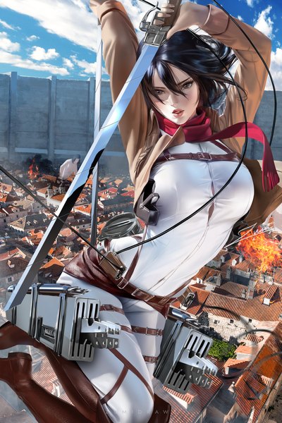 Anime picture 2339x3508 with shingeki no kyojin production i.g mikasa ackerman zumi (zumidraws) single tall image looking at viewer blush fringe highres short hair breasts black hair hair between eyes large breasts holding brown eyes signed sky cloud (clouds)