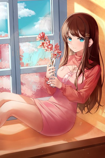 Anime picture 3000x4500 with original ron me s2 single long hair tall image looking at viewer blush fringe highres breasts blue eyes brown hair sitting holding payot sky cleavage cloud (clouds) indoors long sleeves