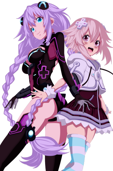 Anime picture 2820x4250 with choujigen game neptune hyperdimension neptunia mk2 neptune (choujigen game neptune) purple heart dartroberth long hair tall image blush highres open mouth blue eyes light erotic smile multiple girls pink hair purple hair very long hair pink eyes coloring transparent background