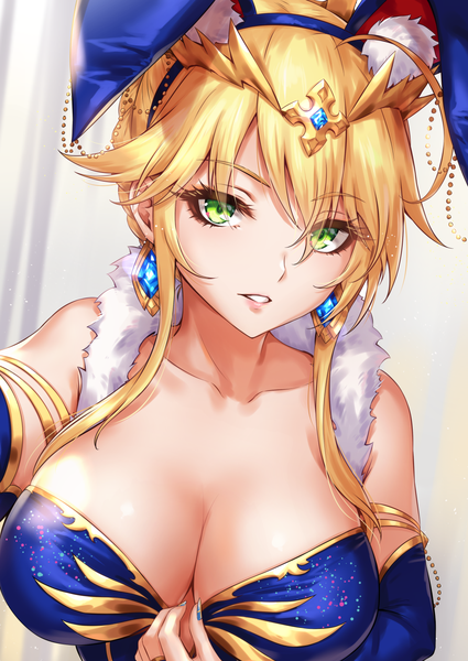Anime picture 1032x1457 with fate (series) fate/grand order artoria pendragon (all) artoria pendragon (lancer) sakiyamama single tall image looking at viewer blush fringe short hair breasts light erotic blonde hair hair between eyes large breasts bare shoulders green eyes animal ears payot