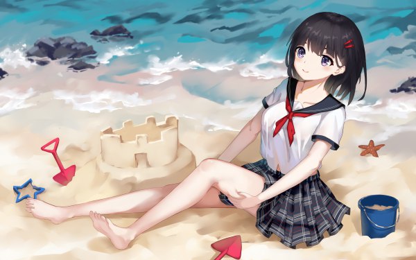 Anime picture 4800x3000 with original .l.l single blush fringe highres short hair black hair sitting purple eyes looking away absurdres full body bent knee (knees) outdoors pleated skirt barefoot short sleeves beach plaid skirt