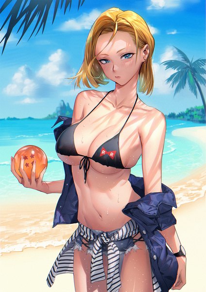 Anime picture 1131x1600 with dragon ball dragon ball z android 18 mhk (mechamania) single tall image looking at viewer blush fringe short hair breasts blue eyes light erotic blonde hair large breasts standing holding sky cloud (clouds) outdoors