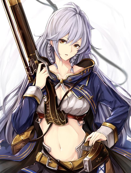 Anime picture 950x1250 with granblue fantasy silva (granblue fantasy) watao single long hair tall image looking at viewer fringe light erotic hair between eyes holding brown eyes silver hair braid (braids) head tilt midriff hand on hip twin braids girl navel