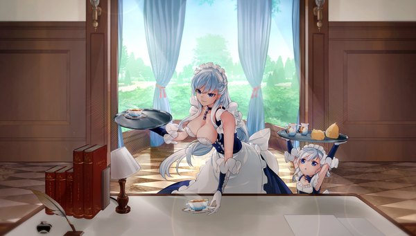 イラスト 2101x1196 と アズールレーン manjuu (azur lane) ベルファスト(アズールレーン) ベルちゃん(アズールレーン) まそ緒 長髪 赤面 前髪 highres おっぱい 青い目 light erotic 笑顔 hair between eyes wide image 大きな乳房 立つ multiple girls holding looking away