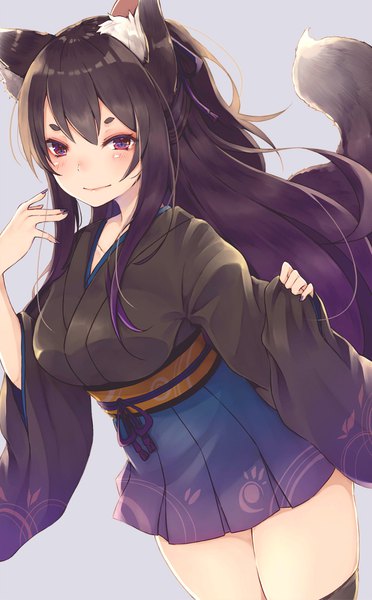 Anime picture 620x1000 with original chita (ketchup) single long hair tall image looking at viewer blush black hair simple background smile red eyes standing animal ears payot purple hair ponytail tail traditional clothes japanese clothes animal tail