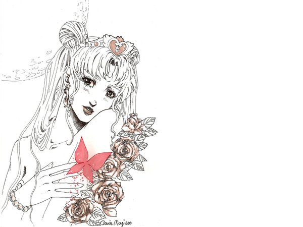 Anime picture 1600x1200 with bishoujo senshi sailor moon toei animation tsukino usagi princess serenity neo queen serenity dar chan (artist) single long hair blush light erotic simple background white background twintails monochrome crescent girl earrings bracelet rose (roses) insect