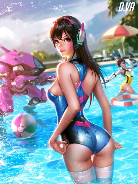 Anime picture 6000x8000 with overwatch blizzard entertainment d.va (overwatch) tracer (overwatch) meka (overwatch) liang xing long hair tall image looking at viewer fringe highres short hair breasts open mouth light erotic black hair hair between eyes brown hair standing multiple girls