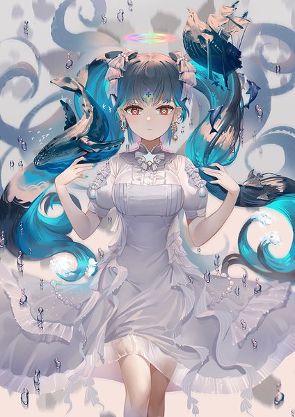 Anime picture 750x1061 with original balusah single tall image looking at viewer blush fringe breasts twintails blunt bangs nail polish multicolored hair fingernails aqua hair arms up two-tone hair bare legs sparkle short sleeves orange eyes