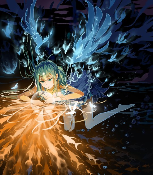 Anime picture 1701x1954 with original ylpylf single long hair tall image highres twintails bare shoulders barefoot aqua eyes aqua hair bare legs kneeling looking down dark background girl dress animal wings bird (birds)