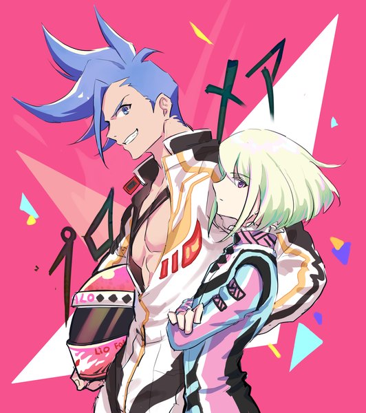 Anime picture 1653x1866 with promare studio trigger lio fotia galo thymos lalatia-meai tall image looking at viewer short hair blue eyes smile purple eyes blue hair upper body profile green hair multiple boys copyright name grin pink background helmet removed