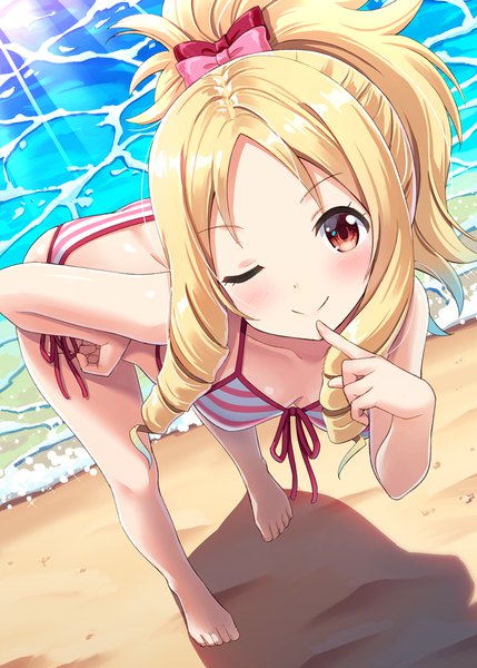 Anime picture 858x1200 with eromanga sensei a-1 pictures yamada elf hyuuga azuri single long hair tall image looking at viewer blush light erotic blonde hair smile red eyes ponytail one eye closed wink shadow leaning leaning forward beach
