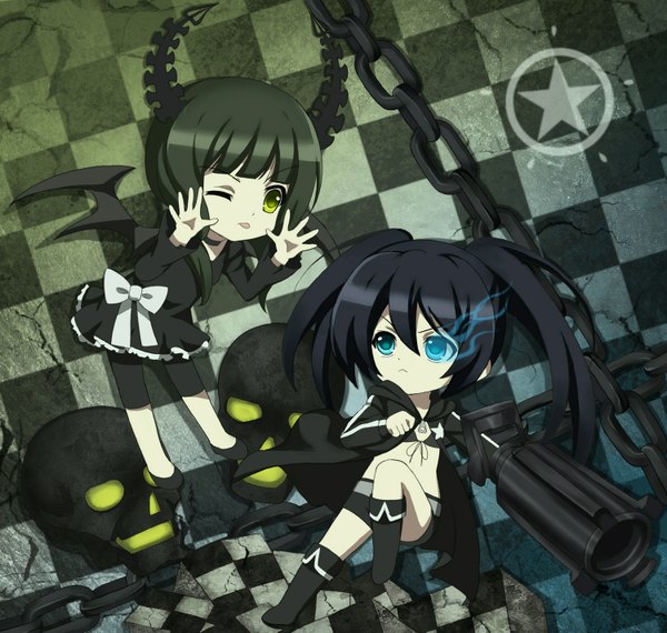 Anime picture 1500x1425 with black rock shooter black rock shooter (character) dead master long hair short hair blue eyes black hair multiple girls one eye closed horn (horns) wink glowing glowing eye (eyes) :p chibi black wings checkered background girl dress weapon