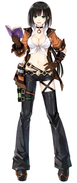 Anime picture 1100x2600 with fairy fencer f harley (fairy fencer f) harler (fairy fencer f) single long hair tall image blush breasts open mouth light erotic black hair large breasts white background green eyes midriff girl gloves navel book (books) potion