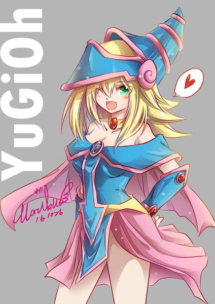 Anime picture 1181x1671 with yu-gi-oh! dark magician girl mariku single long hair tall image looking at viewer fringe open mouth light erotic simple background blonde hair hair between eyes standing bare shoulders green eyes signed one eye closed wink off shoulder