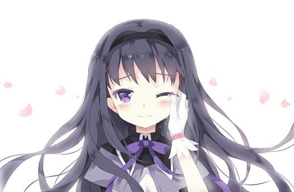 Anime picture 1000x656 with mahou shoujo madoka magica shaft (studio) akemi homura nyanya long hair looking at viewer blush black hair simple background smile white background purple eyes one eye closed wink tears girl gloves petals hairband