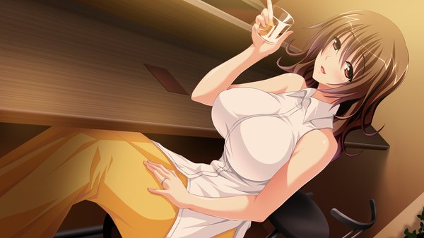 Anime picture 2560x1440 with omae no onna o netotteyaru takagi shiori long hair blush highres breasts light erotic red eyes brown hair wide image large breasts game cg girl dress