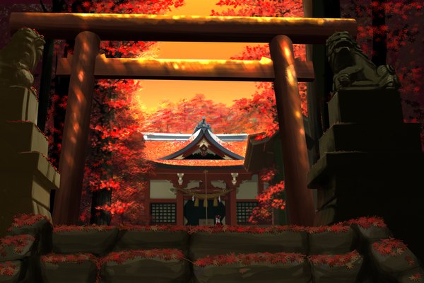 Anime picture 1500x1000 with touhou hakurei reimu miko landscape autumn girl stairs torii statue shrine hakurei shrine