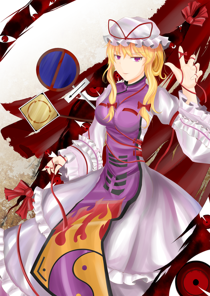 Anime picture 1600x2257 with touhou yakumo yukari hiro0626 single long hair tall image blonde hair eyes girl dress bow ribbon (ribbons) hair bow bonnet