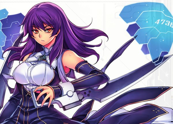 Anime picture 9348x6710 with kim kwang hyun single long hair looking at viewer highres absurdres purple hair scan official art orange eyes girl dress weapon detached sleeves sword