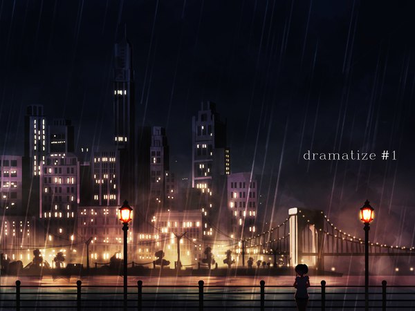 Anime picture 2000x1500 with original natsu (hottopeppa3390) single inscription night city rain cityscape city lights silhouette river girl building (buildings) bridge lamppost