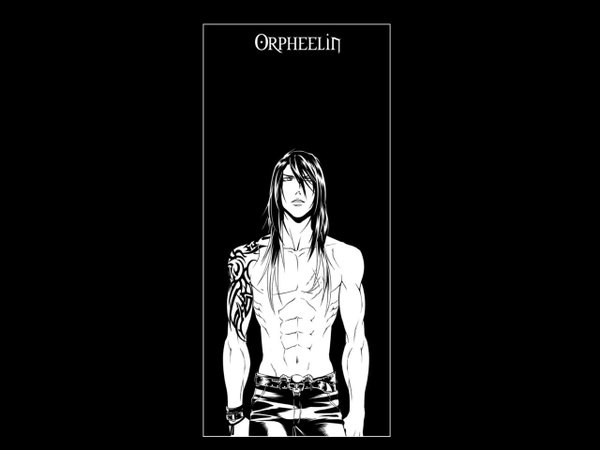 Anime picture 1280x960 with orpheelin (artist) long hair light erotic black hair simple background inscription tattoo black background topless framed boy bracelet belt pants skull jeans