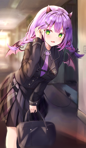 Anime picture 1977x3390 with virtual youtuber hololive tokoyami towa tokoyami towa (school uniform) mihasu single long hair tall image looking at viewer fringe highres green eyes purple hair tail braid (braids) horn (horns) leaning leaning forward twin braids official alternate costume