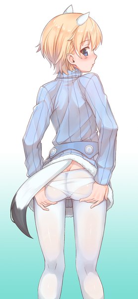 Anime picture 800x1726 with strike witches brave witches nikka edvardine katajainen konnyaku (kk-monmon) single tall image blush short hair blue eyes light erotic blonde hair simple background white background animal ears ass tail parted lips animal tail profile looking back