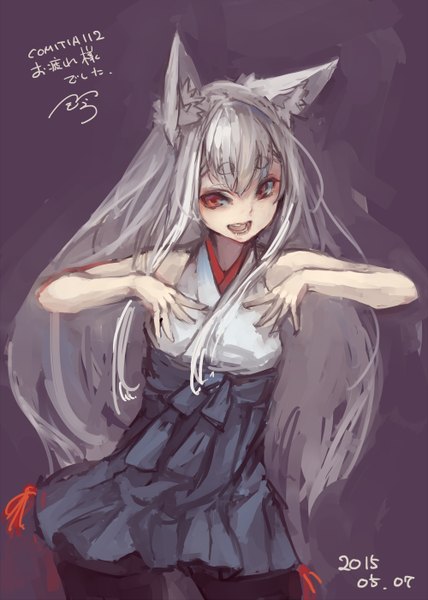 Anime picture 1000x1402 with original suzuno (bookshelf) single long hair tall image looking at viewer fringe red eyes standing bare shoulders signed animal ears grey hair teeth fox ears fox girl girl