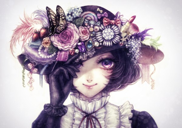 Anime picture 930x657 with original ohagi (ymnky) single looking at viewer short hair black hair smile purple eyes portrait girl gloves flower (flowers) ribbon (ribbons) hat black gloves food sweets insect butterfly jewelry