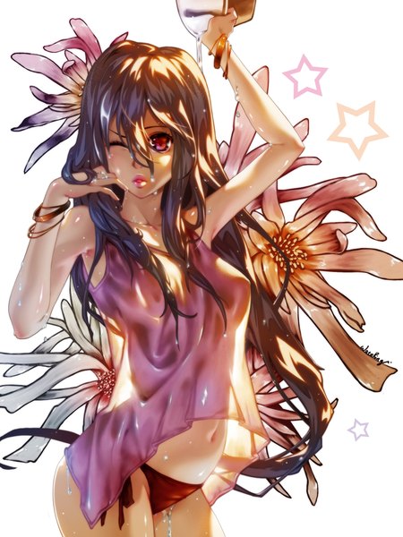 Anime picture 1650x2200 with waterring single long hair tall image looking at viewer light erotic black hair red eyes one eye closed lips wink wet girl navel swimsuit bikini bracelet