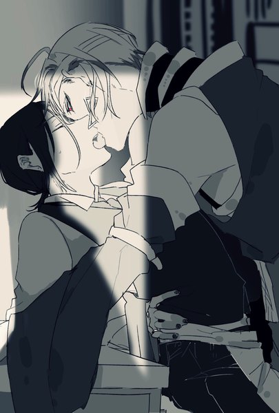 Anime picture 1378x2039 with original zabeo0125 tall image fringe short hair open mouth hair between eyes red eyes ahoge indoors eyes closed profile multiple boys shadow couple hug monochrome kiss shounen ai spot color