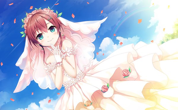 イラスト 2760x1710 と maitetsu migita hibiki cura ソロ 赤面 highres 短い髪 笑顔 wide image 立つ 肩出し payot 空 cloud (clouds) outdoors 赤髪 hair flower aqua eyes sunlight dutch angle