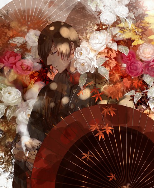 Anime picture 824x1000 with original kibi (pixiv298748) single tall image looking at viewer short hair brown hair brown eyes traditional clothes japanese clothes profile sunlight boy flower (flowers) kimono rose (roses) leaf (leaves) umbrella oriental umbrella white rose