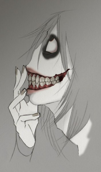 Anime picture 603x1024 with original jack killer tagme (artist) single long hair tall image fringe simple background smile red eyes nail polish profile fingernails grey hair grey background teeth looking up scar pale skin eyeshadow