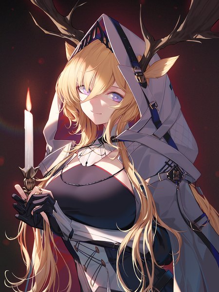 Anime-Bild 1050x1400 mit arknights viviana (arknights) nian (zhanian) single long hair tall image looking at viewer fringe breasts blonde hair smile hair between eyes large breasts purple eyes holding animal ears upper body horn (horns) shaded face antlers