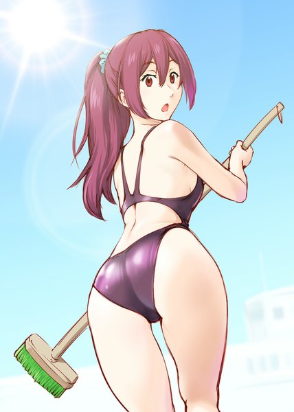 Anime picture 714x1000 with free! kyoto animation matsuoka gou ueyama michirou single long hair tall image looking at viewer open mouth light erotic red eyes bare shoulders sky purple hair ass ponytail looking back sunlight bare legs from below
