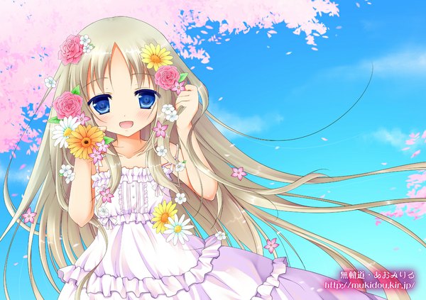 Anime-Bild 1000x706 mit little busters! key (studio) noumi kudryavka aomi long hair blush open mouth blue eyes white hair loli girl flower (flowers) petals sundress