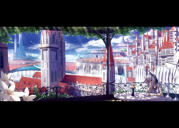 Anime picture 2174x1555 with original nagishiro mito single long hair highres sitting brown eyes animal ears sky cloud (clouds) white hair city letterboxed girl flower (flowers) ribbon (ribbons) plant (plants) hair ribbon building (buildings)