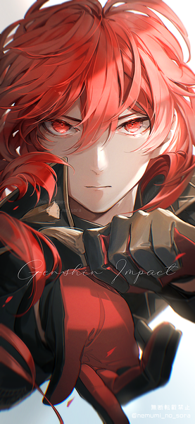 Anime picture 900x1950 with genshin impact diluc ragnvindr nemumi no sora single long hair tall image looking at viewer fringe hair between eyes red eyes upper body red hair copyright name adjusting gloves boy gloves
