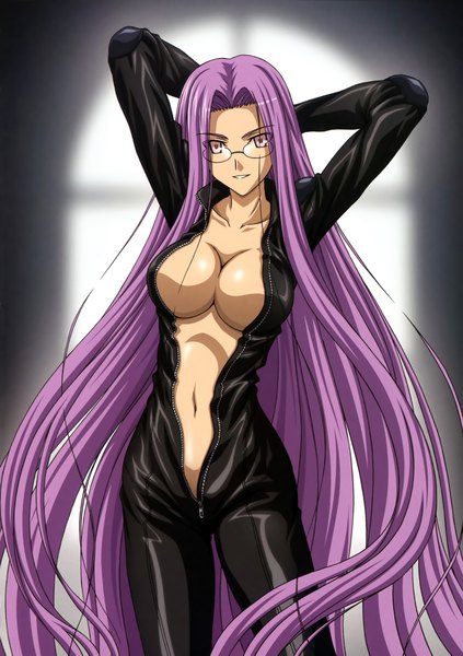 Anime picture 2860x4061 with fate (series) fate/stay night studio deen type-moon rider single long hair tall image looking at viewer highres breasts light erotic standing purple hair very long hair pink eyes hand on head girl navel glasses