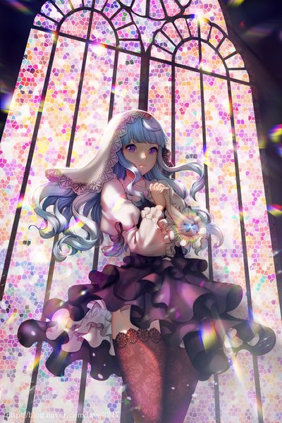 Anime picture 1280x1916 with original y.i. (lave2217) single long hair tall image fringe standing purple eyes silver hair ahoge blunt bangs wide sleeves sparkle from below puffy sleeves floating hair glowing wavy hair girl thighhighs
