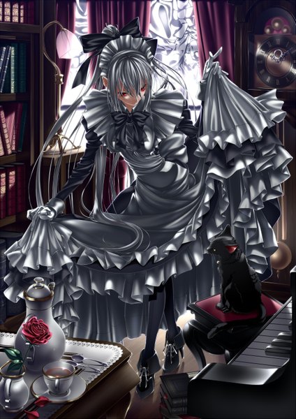 Anime picture 1041x1473 with original doa (wabisabi) single long hair tall image red eyes silver hair head tilt maid skirt lift girl gloves flower (flowers) bow hair bow animal headdress rose (roses) maid headdress book (books)