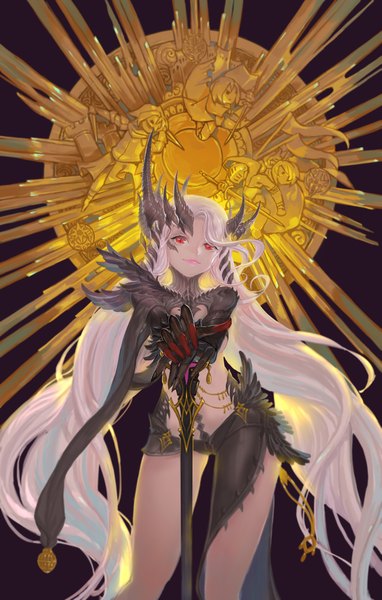 Anime picture 1275x2000 with original pixiv fantasia pixiv fantasia fallen kings quaanqin single tall image looking at viewer red eyes twintails white hair very long hair horn (horns) midriff girl gloves weapon sword