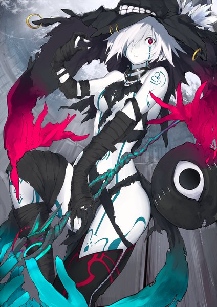 Anime picture 723x1022 with original tugmix single tall image looking at viewer fringe short hair breasts light erotic white hair pink eyes hair over one eye grey background tattoo facial mark girl weapon staff eye