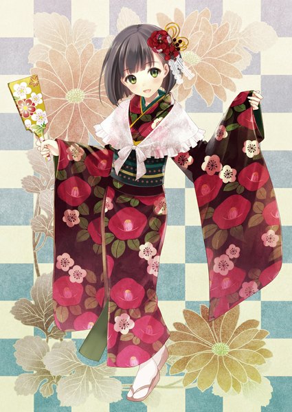 Anime picture 800x1130 with original fukahire (ruinon) single tall image blush short hair open mouth black hair green eyes traditional clothes japanese clothes girl hair ornament flower (flowers) kimono obi camellia (flower)