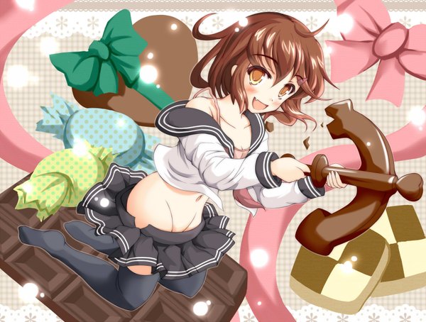 Anime picture 1650x1250 with kantai collection ikazuchi destroyer hiiragi tomoka single long hair looking at viewer blush open mouth light erotic brown hair brown eyes ahoge open clothes teeth fang (fangs) no shoes jumping valentine open skirt girl
