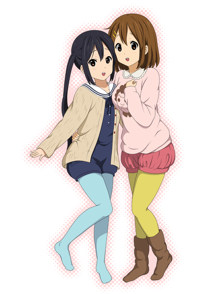 Anime picture 1000x1400 with k-on! kyoto animation hirasawa yui nakano azusa ckst long hair tall image blush short hair open mouth black hair red eyes brown hair twintails multiple girls girl 2 girls shorts sweater