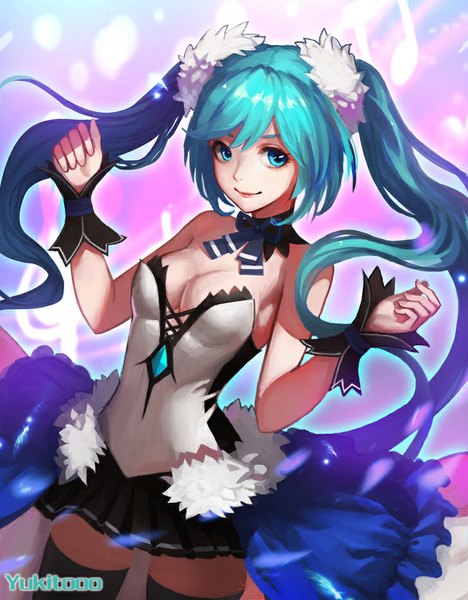 Anime picture 729x935 with project diva f 2nd vocaloid hatsune miku yukitooo single long hair tall image fringe breasts blue eyes smile standing twintails bare shoulders signed blue hair purple hair pleated skirt multicolored hair gradient hair